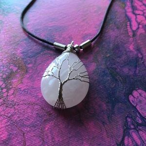 🌲 Rose Quartz Tree of Life Wire Wrapped Medallion Pendant   Corded Necklace